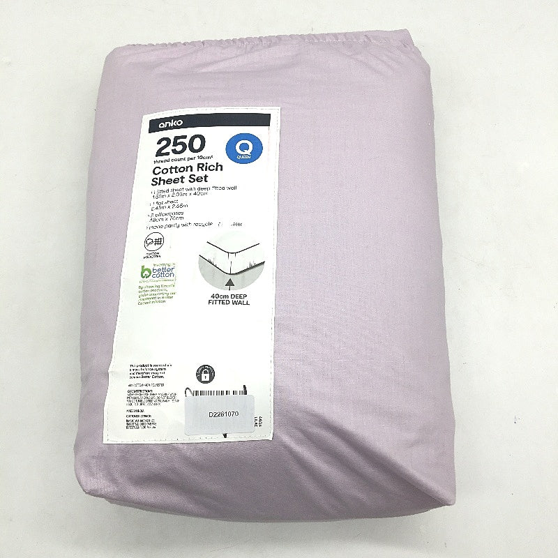 Lilac Purple Solid Colour 250 Thread Count Cotton Rich Sheet Set QUEEN NEW