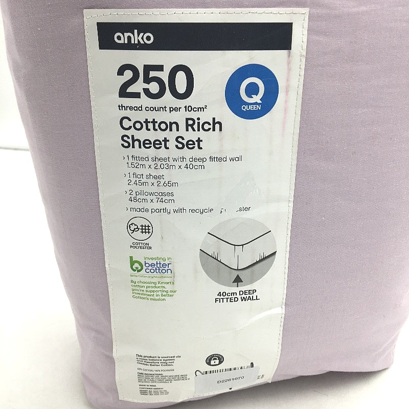 Lilac Purple Solid Colour 250 Thread Count Cotton Rich Sheet Set QUEEN NEW