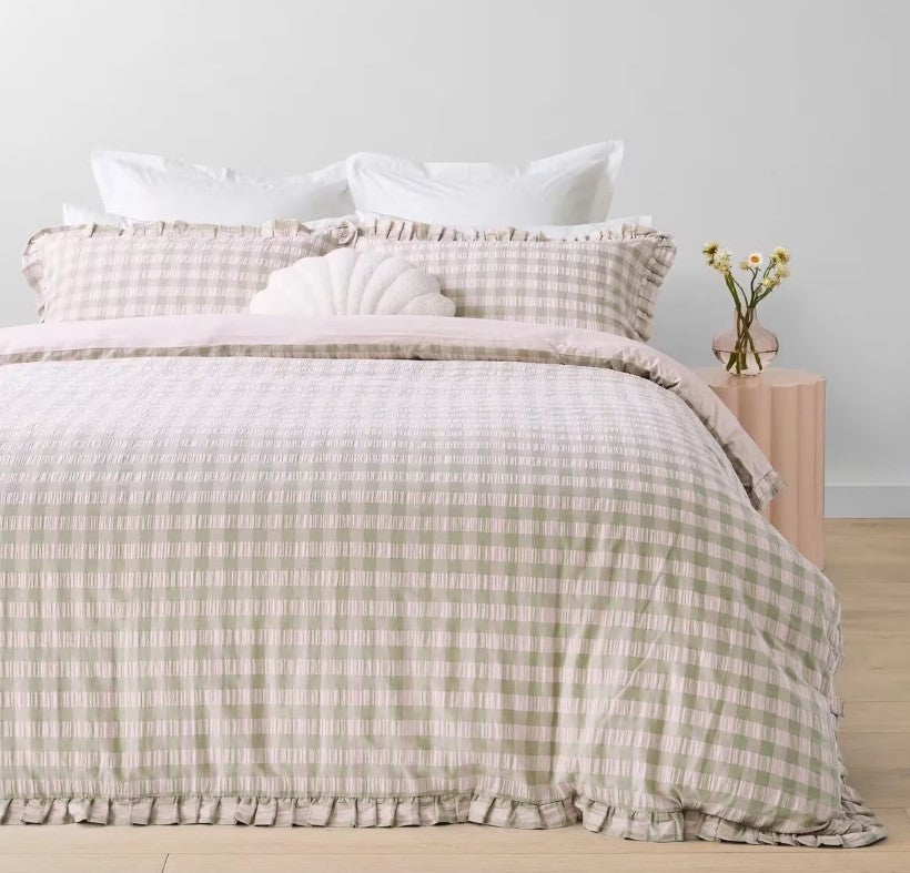 Easy Care Sage & Pink Gingham Ruffle 100% Cotton Quilt Cover Set QUEEN Bed NEW
