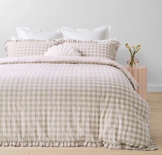 Easy Care Sage & Pink Gingham Ruffle 100% Cotton Quilt Cover Set QUEEN Bed NEW