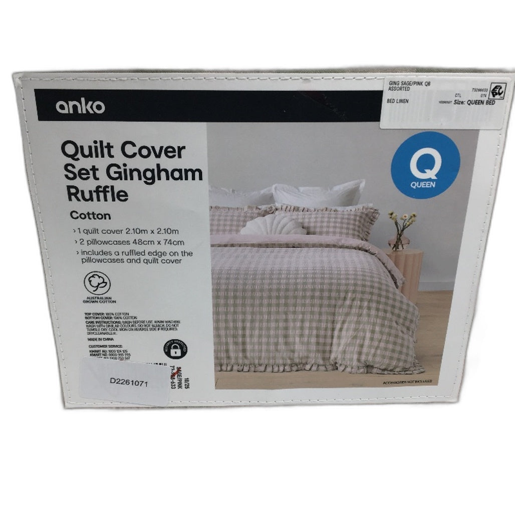 Easy Care Sage & Pink Gingham Ruffle 100% Cotton Quilt Cover Set QUEEN Bed NEW