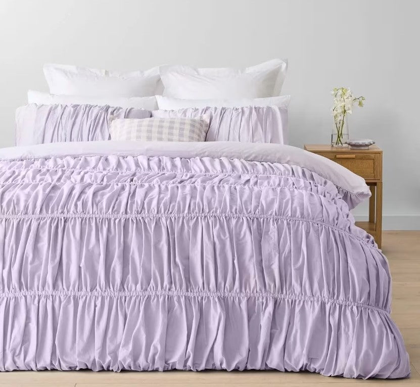Easy Care Ruched Design Purple Arlo 100% Cotton Quilt Cover Set QUEEN Bed NEW