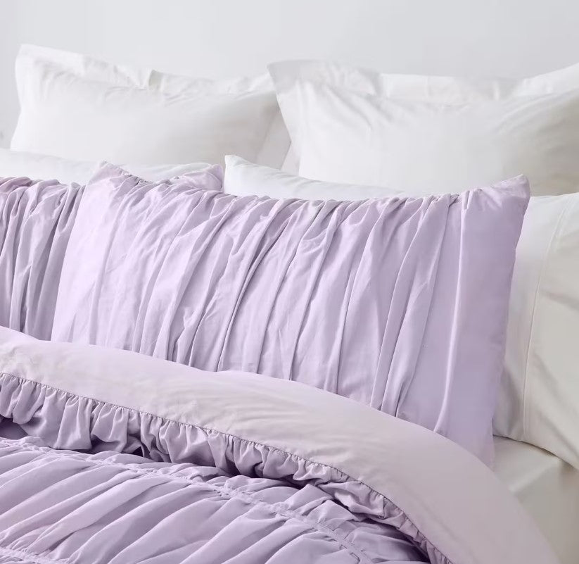 Easy Care Ruched Design Purple Arlo 100% Cotton Quilt Cover Set QUEEN Bed NEW