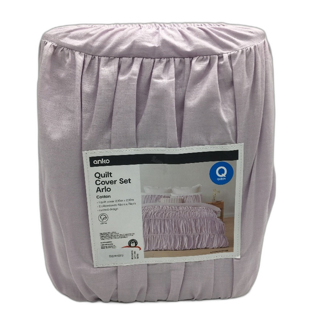 Easy Care Ruched Design Purple Arlo 100% Cotton Quilt Cover Set QUEEN Bed NEW