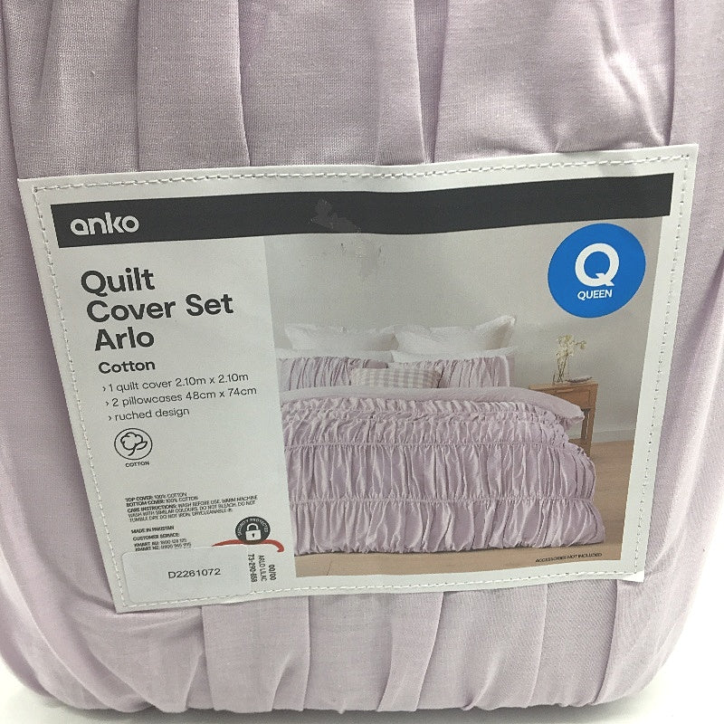 Easy Care Ruched Design Purple Arlo 100% Cotton Quilt Cover Set QUEEN Bed NEW