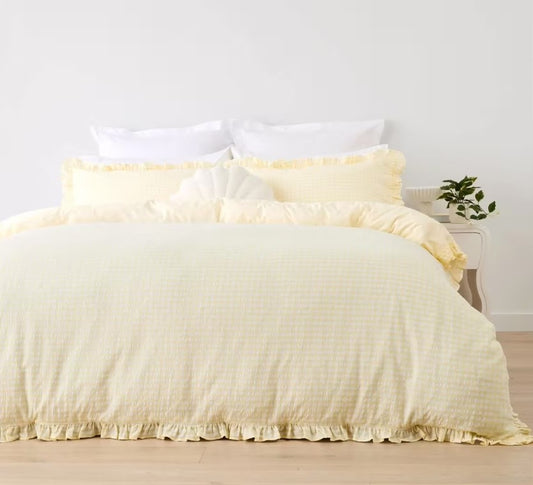 Easy Care Gingham Ruffle Yellow Reversible 100% Cotton Quilt Cover Set QUEEN NEW