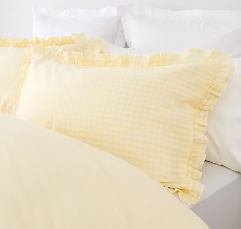 Easy Care Gingham Ruffle Yellow Reversible 100% Cotton Quilt Cover Set QUEEN NEW