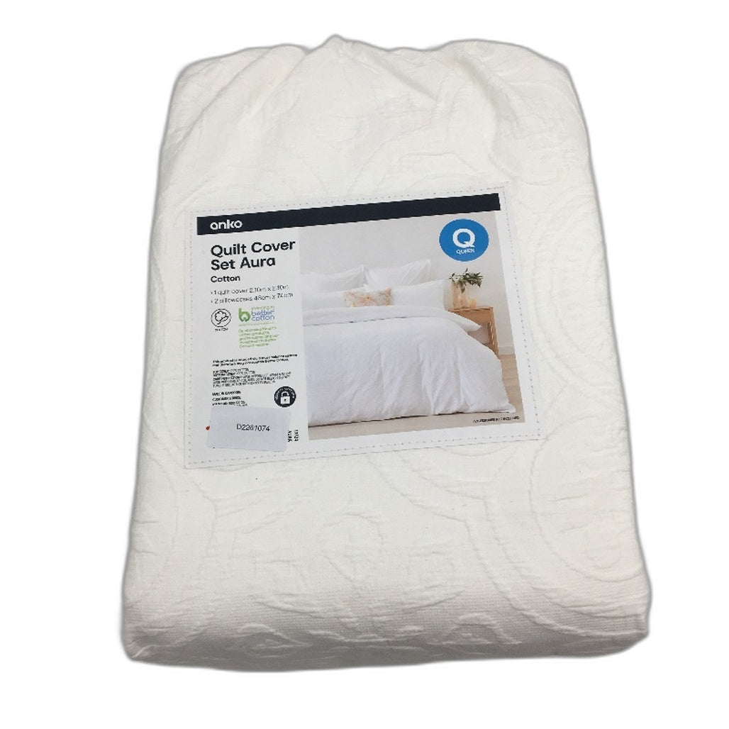 Easy Care Aura White Jacquard Percale 100% Cotton Quilt Cover Set QUEEN NEW