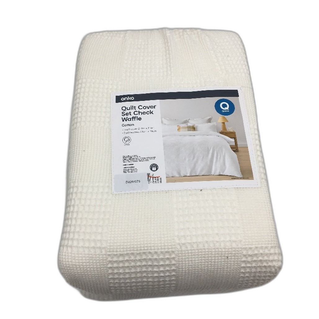 Easy Care Soft White Waffle Check 100% Cotton Quilt Cover Set QUEEN NEW