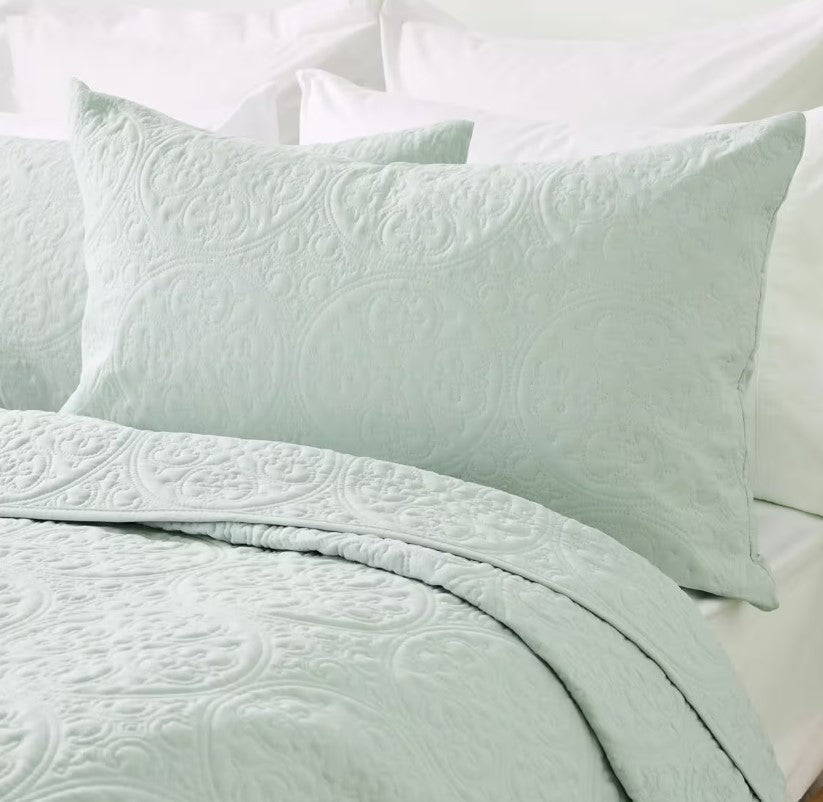 Easy Care Seafoam Green Aria Quilted Design Coverlet Set QUEEN/KING Bed NEW
