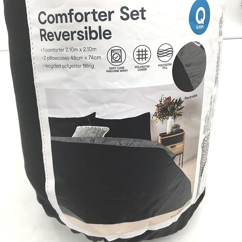 Easy Care Machine Wash Black & Grey Reversible Comforter Set Bed QUEEN Size NEW