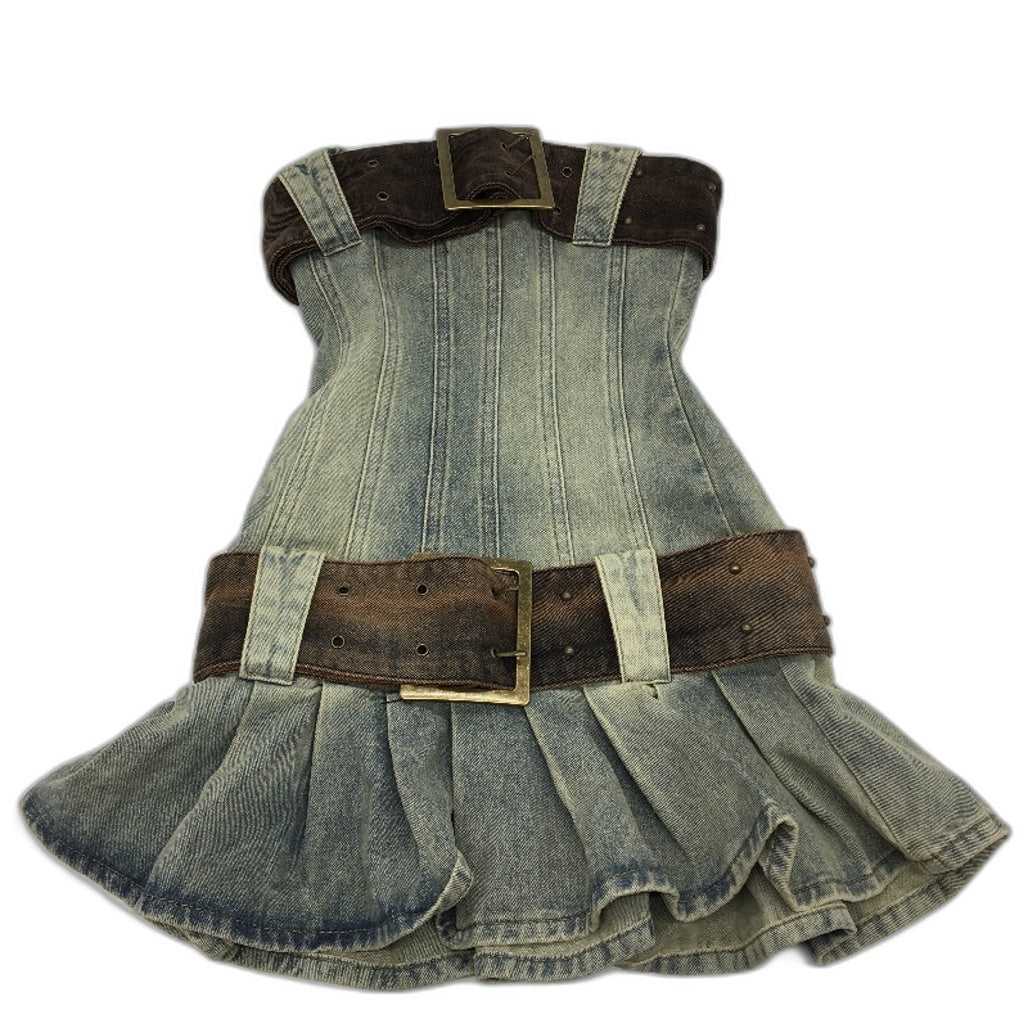 Jaded London Chelsea Light Wash Denim Belted Kilt Mini Dress Size UK 6 NEW