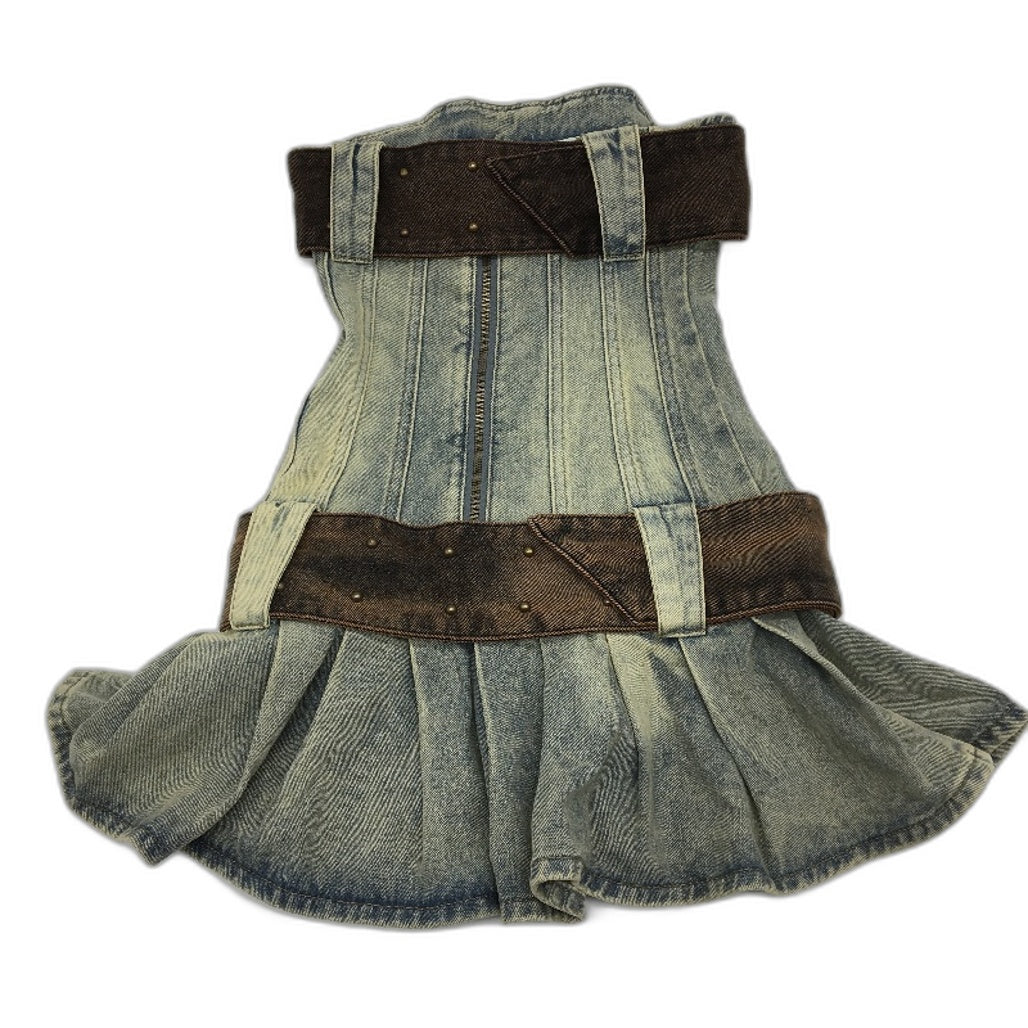 Jaded London Chelsea Light Wash Denim Belted Kilt Mini Dress Size UK 6 NEW