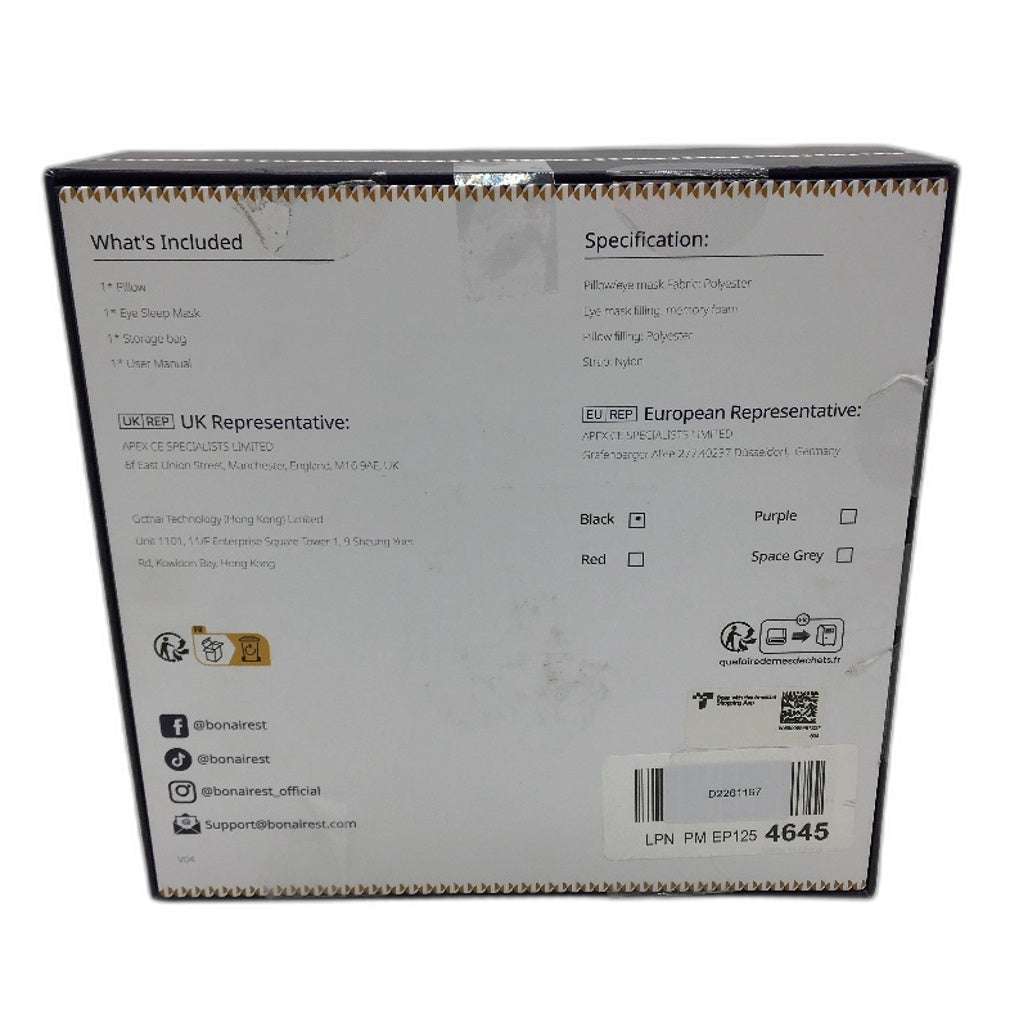 Bonairest BAK001 360 Support Travel Pillow with 3D Eye Mask in Black NEW