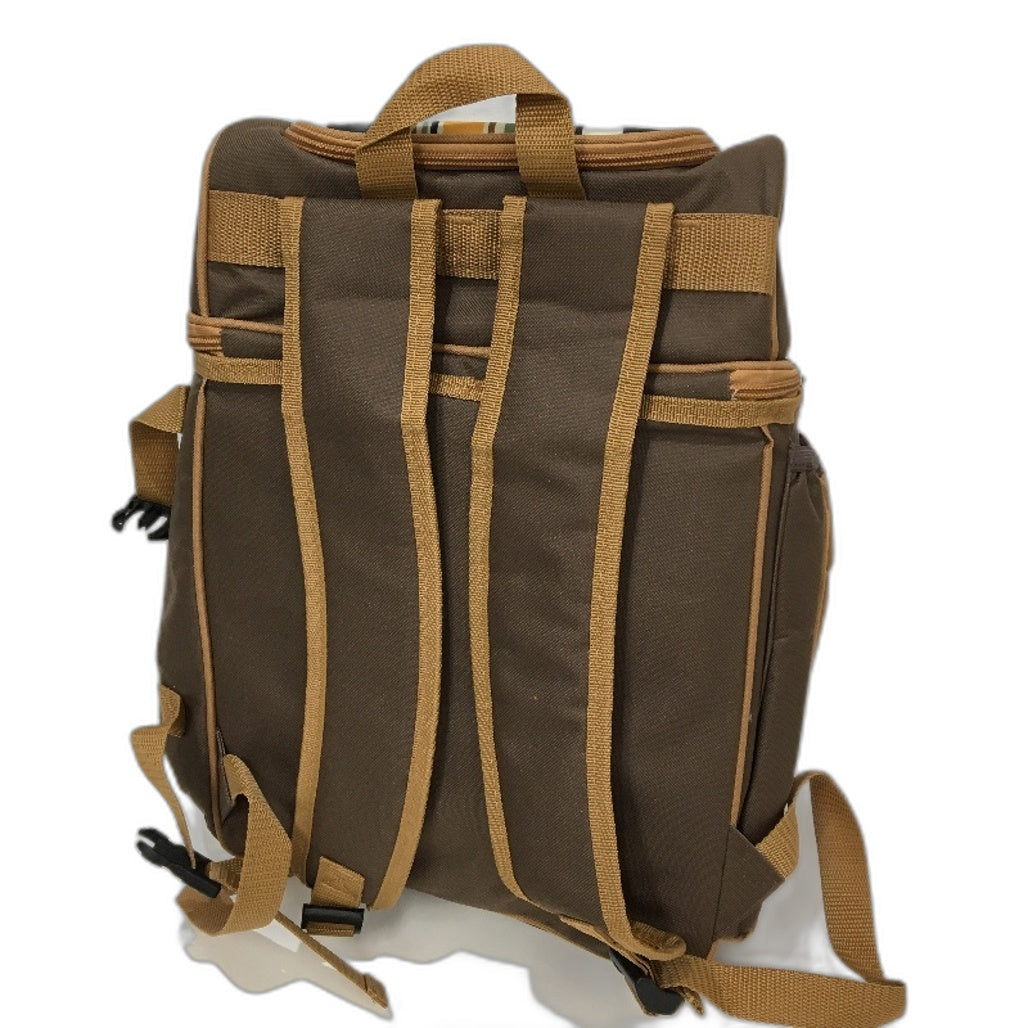 Hap Tim 2 Person Brown Stripe Picnic Backpack incl Cutlery Set and Blanket NEW