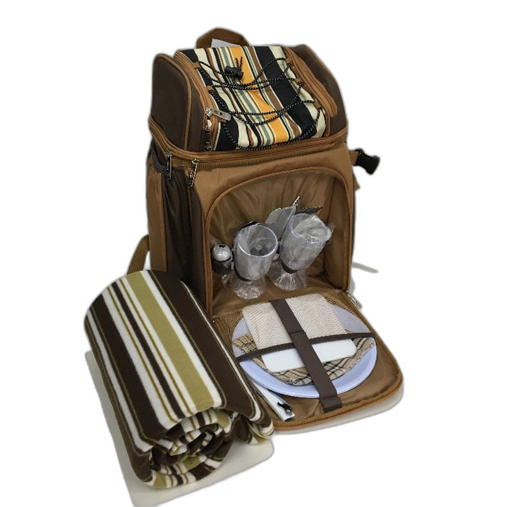 Hap Tim 2 Person Brown Stripe Picnic Backpack incl Cutlery Set and Blanket NEW
