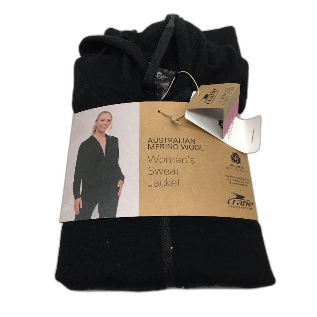 Crane Black Hooded Australian Merino Wool Sweat Zip Up Jacket Ladies Size M NEW