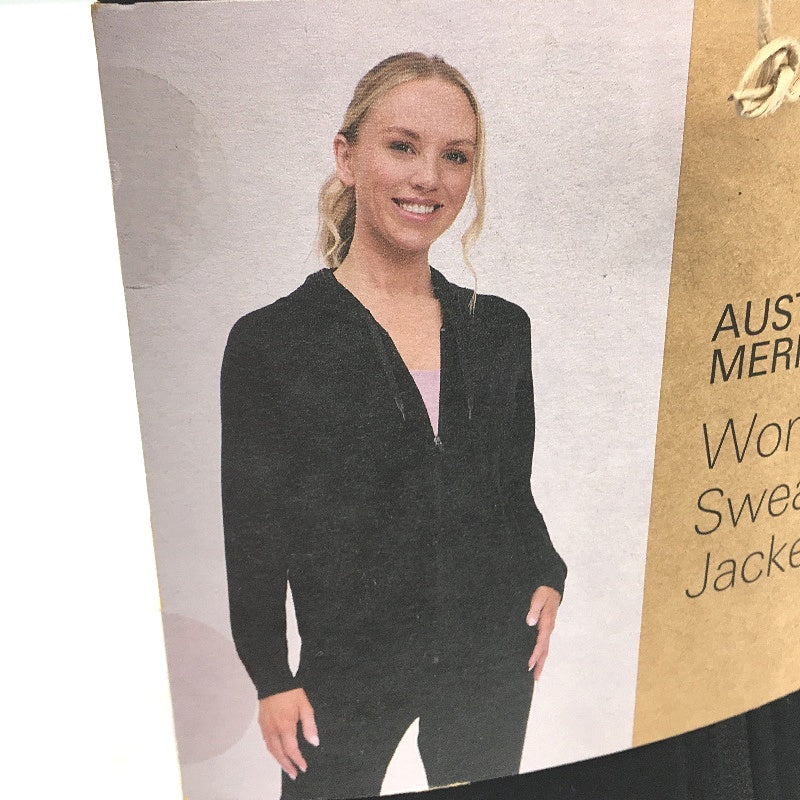 Crane Black Hooded Australian Merino Wool Sweat Zip Up Jacket Ladies Size M NEW