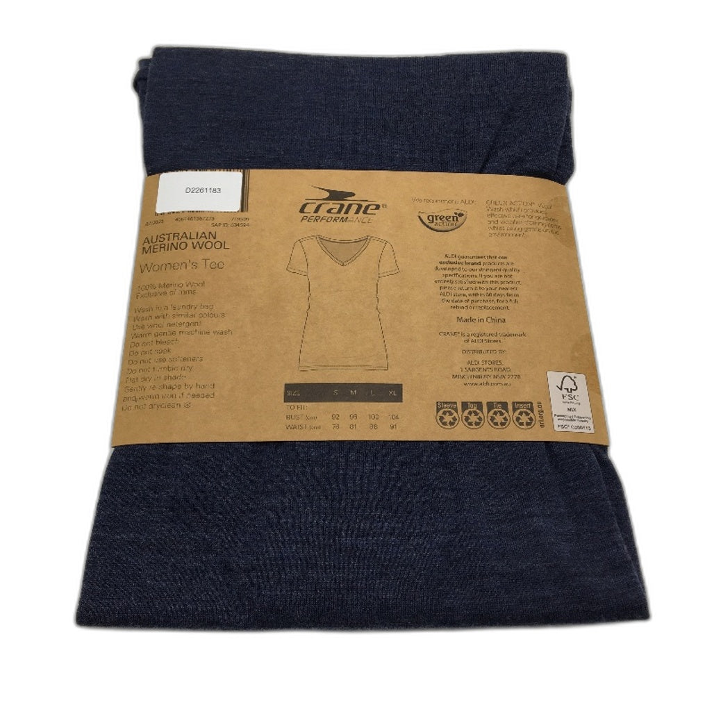 Crane Performance 100% Merino Fine Wool Navy Short Sleeve Top Ladies Size L NEW