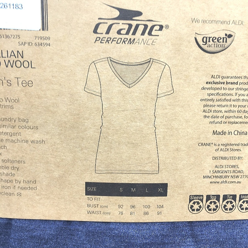 Crane Performance 100% Merino Fine Wool Navy Short Sleeve Top Ladies Size L NEW