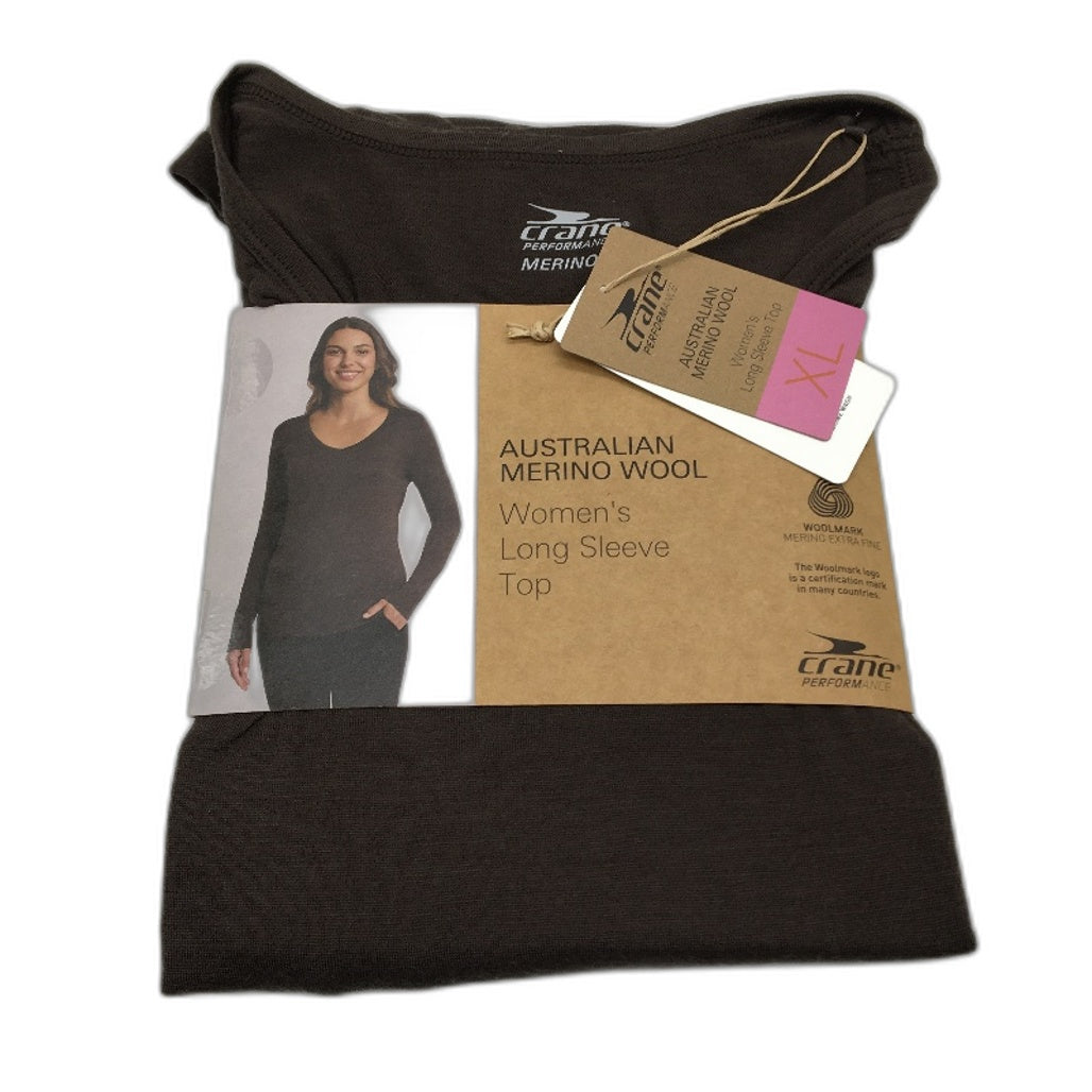 Crane Performance 100% Merino Fine Wool Brown Long Sleeve Top Ladies Size XL NEW