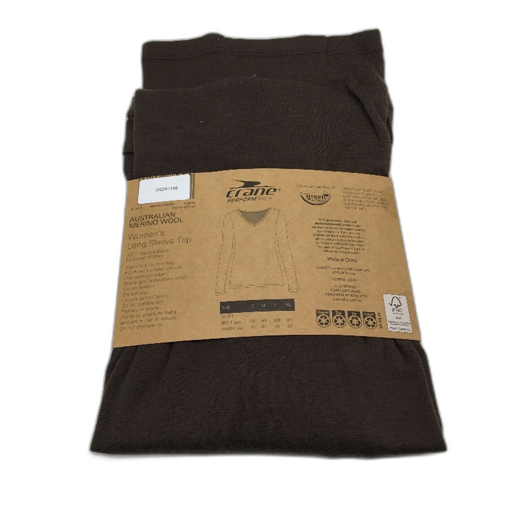 Crane Performance 100% Merino Fine Wool Brown Long Sleeve Top Ladies Size XL NEW