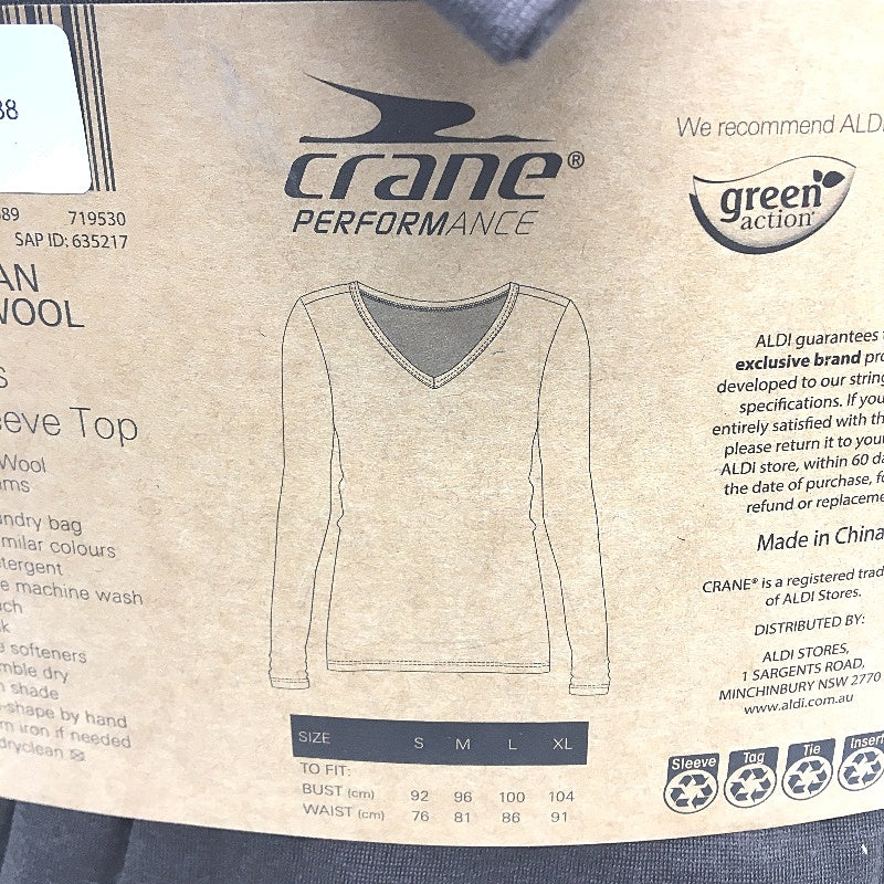 Crane Performance 100% Merino Fine Wool Brown Long Sleeve Top Ladies Size XL NEW