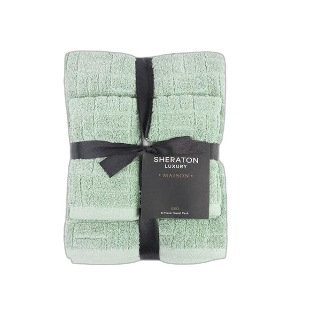 Sheraton Luxury Maison Sage Green 6 Piece 100% Cotton Textured Towel Set NEW