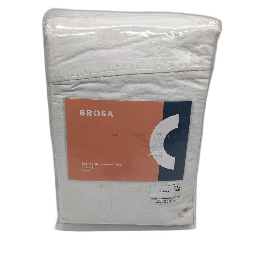 Brosa Sydney Stonewash 100% Cotton Bed Sheet Set White Nibus Cloud QUEEN Bed NEW