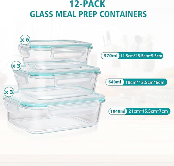 Feshory Set of 12 Glass Meal Prep Food Storage Containers Airtight Lids NEW