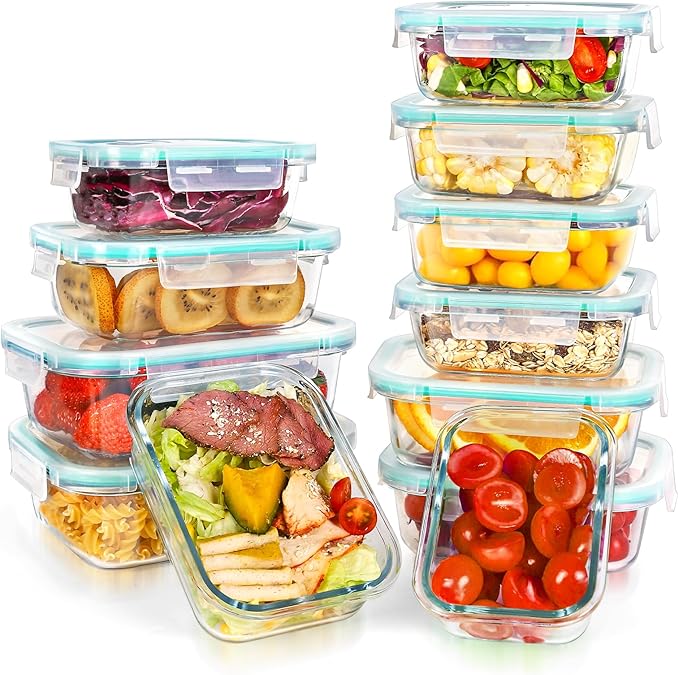 Feshory Set of 12 Glass Meal Prep Food Storage Containers Airtight Lids NEW