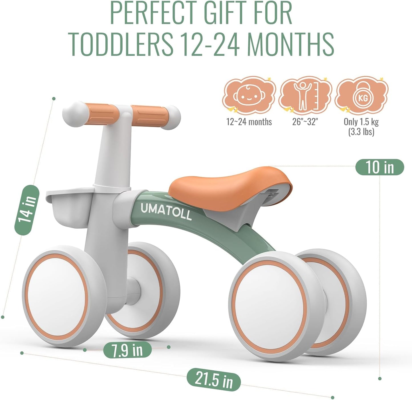 Umatoll Grey White Baby Balance 4 Wheel Bike Max 25kg for Ages 1+ NEW