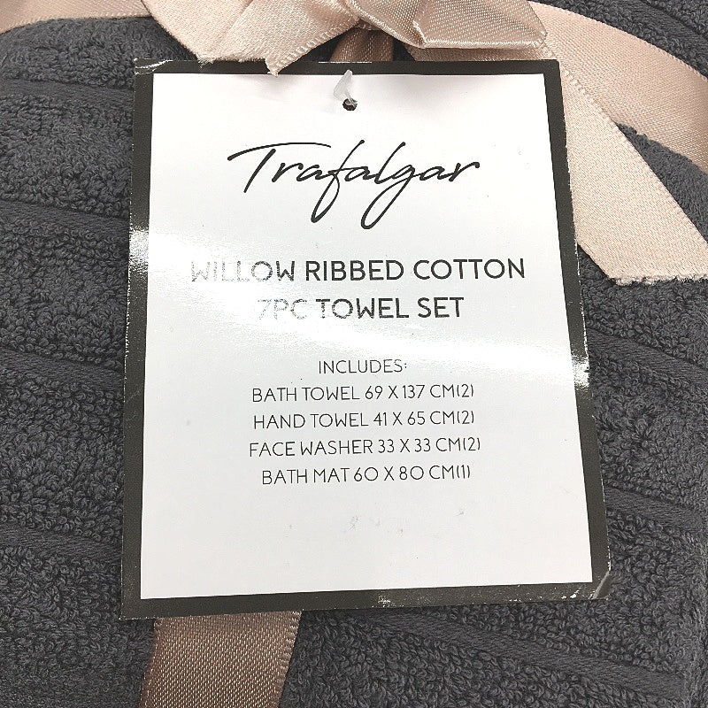 Trafalgar 100% Cotton Charcoal Grey 7 Piece Willow Ribbed Bath Towel Set NEW