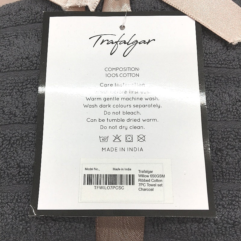 Trafalgar 100% Cotton Charcoal Grey 7 Piece Willow Ribbed Bath Towel Set NEW