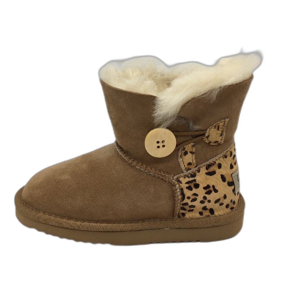 UGG Outback Australian Sheepskin Leopard Mini Button Boots KIDS US12-13 EU30 NEW