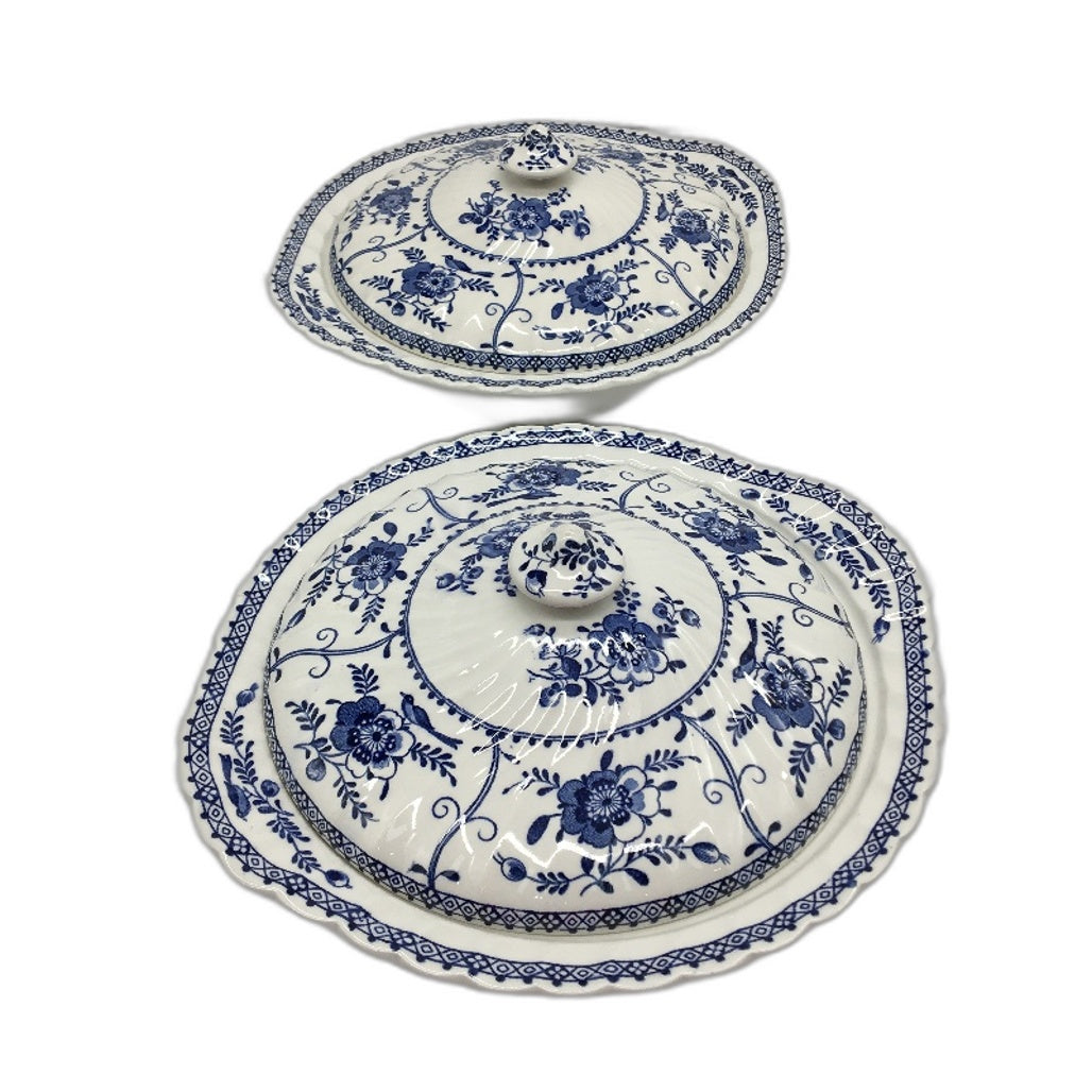VINTAGE Johnson Brothers England 2 Bowls With Lids Set Blue & White Pottery