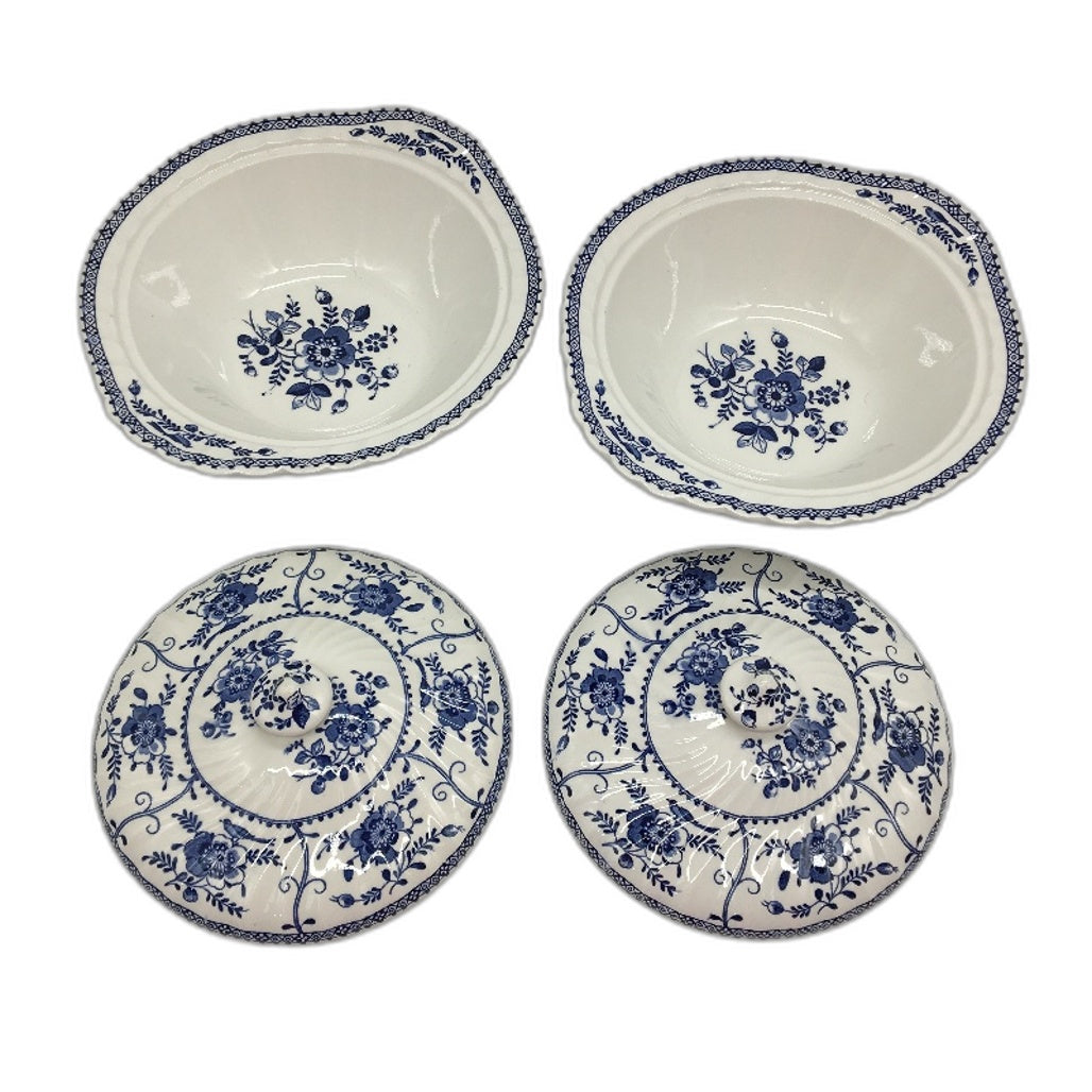 VINTAGE Johnson Brothers England 2 Bowls With Lids Set Blue & White Pottery