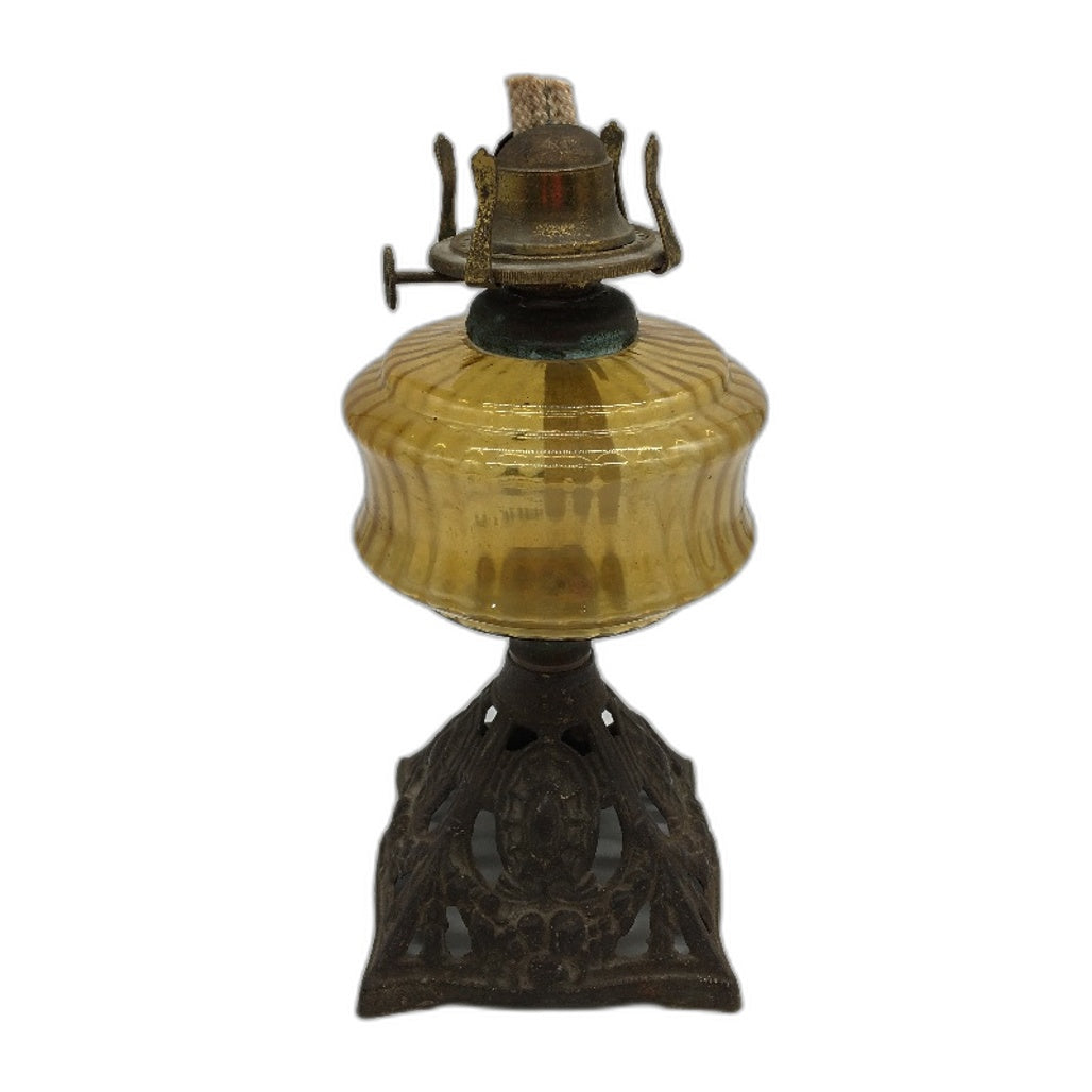 VINTAGE Amber Glass & Cast Iron Metal Kerosene Lamp -No Shade/Cover 26cm
