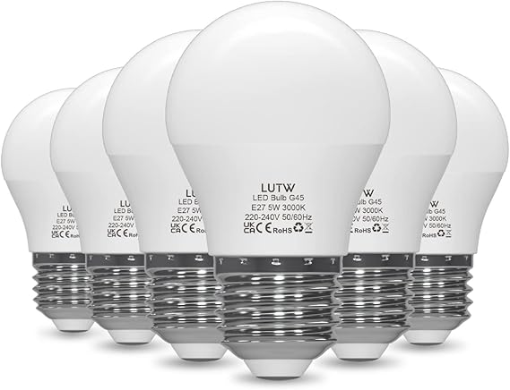 LUTW 6 Pack E27 LED Light Bulbs 5Watts G45 3000K 480 Lumens 25000 Hours NEW