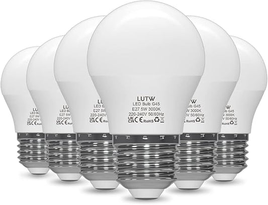 LUTW 6 Pack E27 LED Light Bulbs 5Watts G45 3000K 480 Lumens 25000 Hours NEW