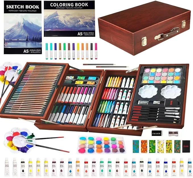 KINSPORY 139PCS Art Supplies Set With Double Layer Wooden Storage Case NEW