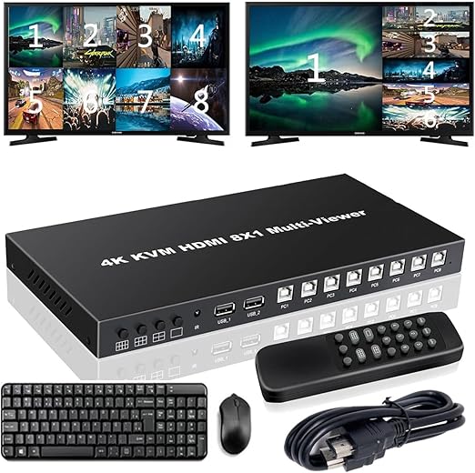 HDMI 4K 30Hz KVM 8x1 Multi Viewer Share Keyboard & Mouse For 8 Computers NEW