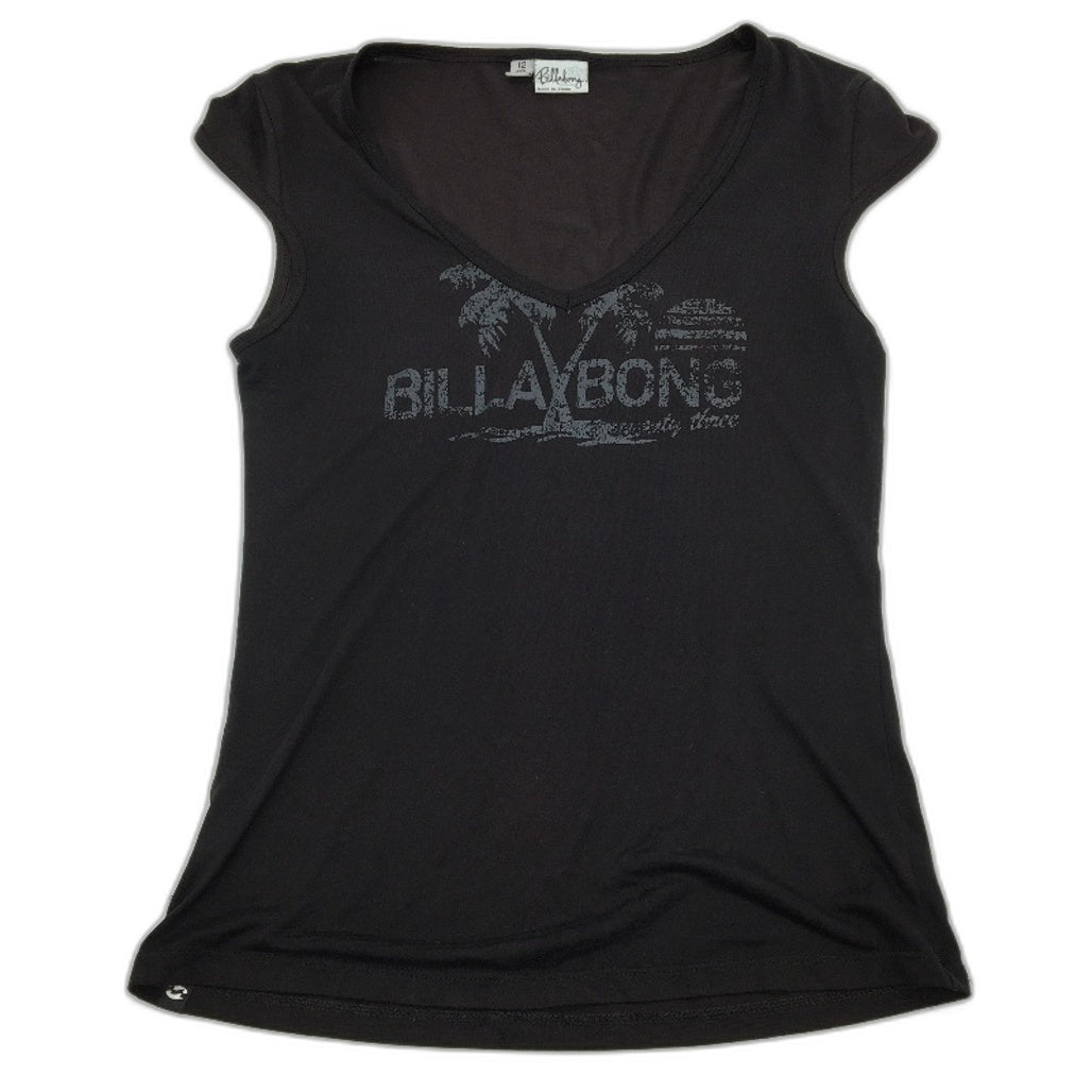 Billabong Black V-Neck Printed Logo Mini Sleeve T-Shirt Ladies Size 12