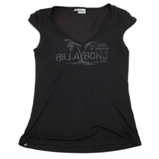 Billabong Black V-Neck Printed Logo Mini Sleeve T-Shirt Ladies Size 12