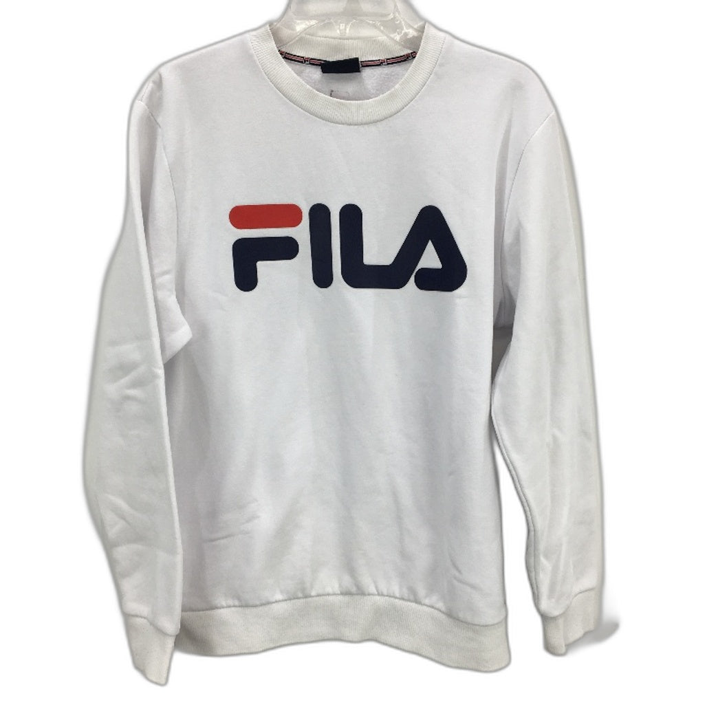FILA Logo Print White Cotton Blend Brushed Fleece Sweatshirt Men Size Small