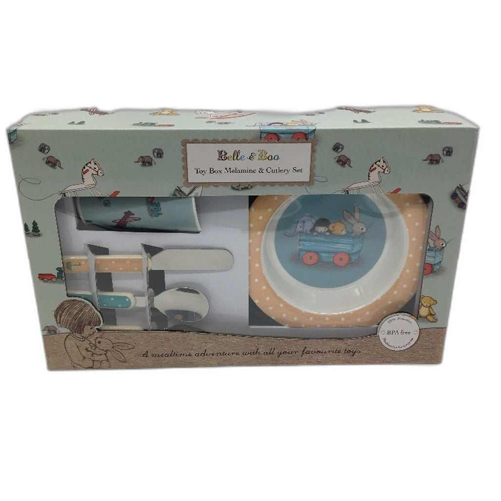 Belle & Boo 6 Piece Melamine Toy Box Design Dinner & Cutlery Set BPA Free NEW