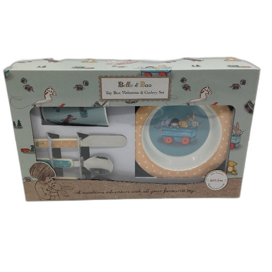 Belle & Boo 6 Piece Melamine Toy Box Design Dinner & Cutlery Set BPA Free NEW