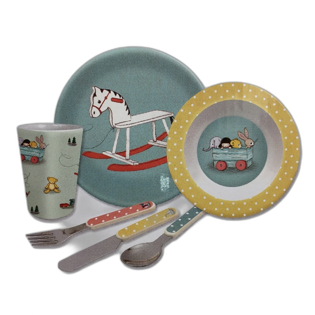 Belle & Boo 6 Piece Melamine Toy Box Design Dinner & Cutlery Set BPA Free NEW