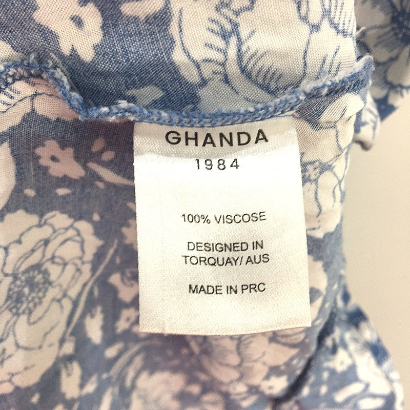 Ghanda 1984 Frilly Ruched Back Blue Floral Mini Dress Ladies Size Large