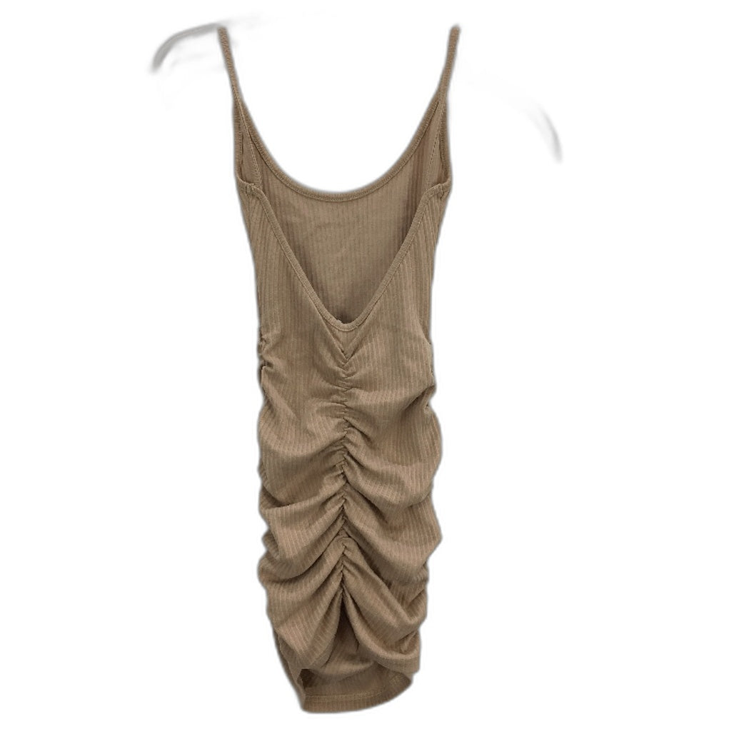 Pretty Little Thing Strappy Rib Ruched Beige Bodycon Dress Ladies Size AU 10